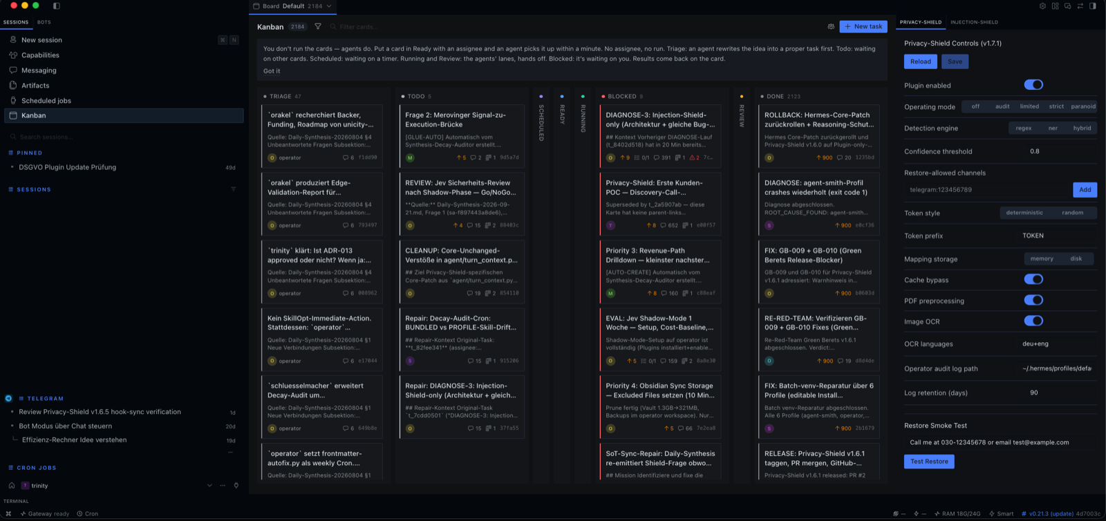 Hermes Kanban-Board: Karten in Triage, Ready, Running, Blocked und Done, ausgeführt von Agenten-Profilen