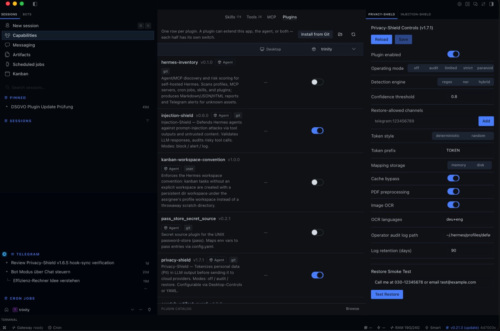 Hermes Plugin-Verwaltung: Privacy-Shield und Injection-Shield aktiviert, Detail-Panel mit Operating-Mode paranoid