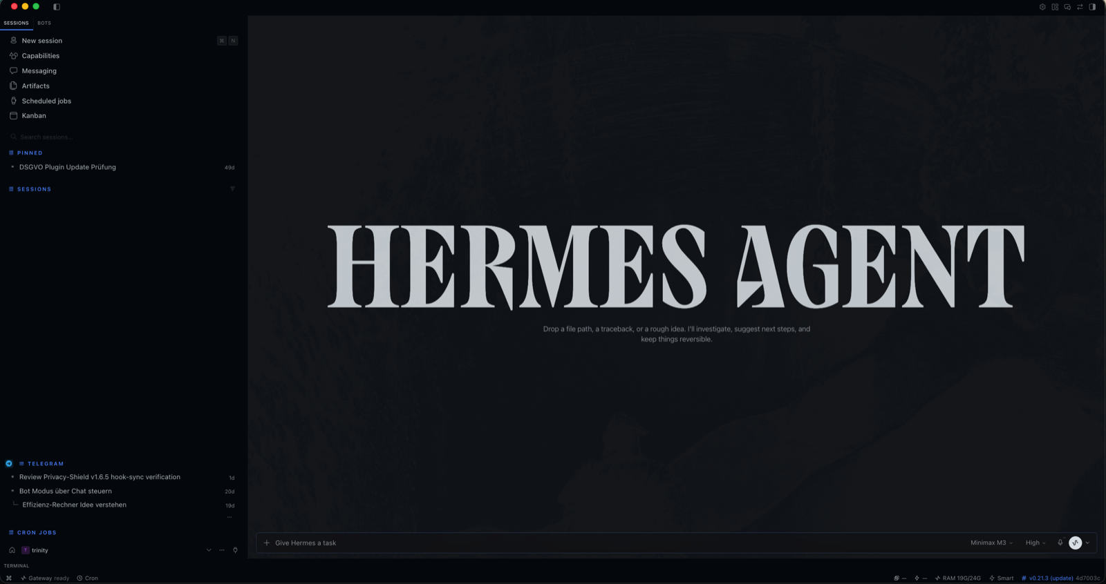 Hermes Agent Desktop: Sessions-Übersicht mit Telegram-Kanälen, Cron-Jobs und Gateway-Status